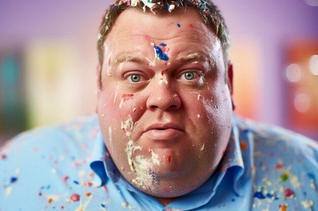 Homem gordo com o rosto manchado de salpicos de comida gourmet e junk food.