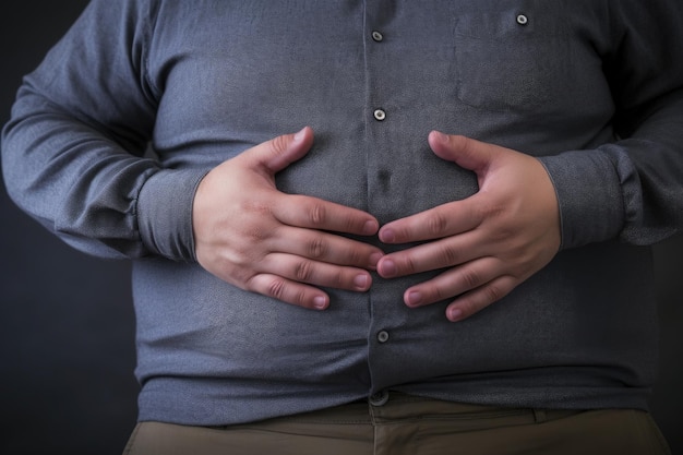 Homem gordo de calças e camisa está segurando o estômago com as mãos Conceito de obesidade e excessos Dor de estômago