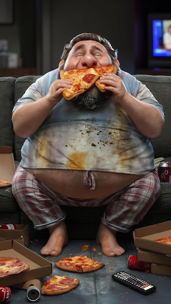 Homem gordo e feio come pizza sentado no sofá.