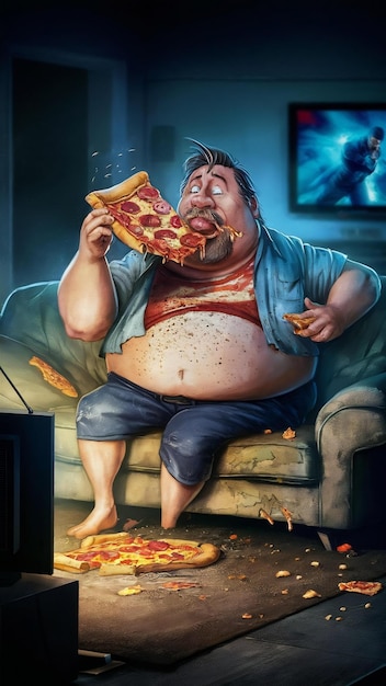 Homem gordo e feio come pizza sentado no sofá.