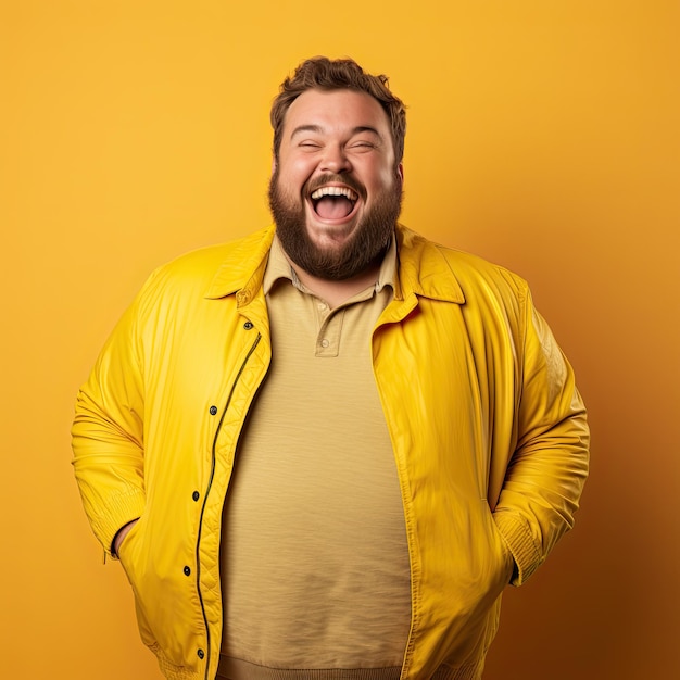 Homem gordo entusiasmado a celebrar o sucesso Homem barbudo feliz com um fundo amarelo