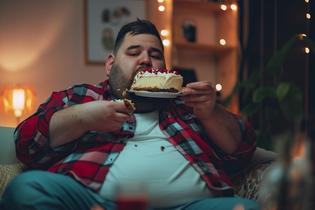 Foto homem gordo infeliz a comer bolo enquanto está sentado no sofá em casa com ia gerada