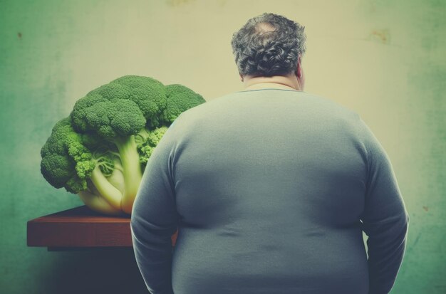 Homem gordo não quer ver uma foto de brócolis
