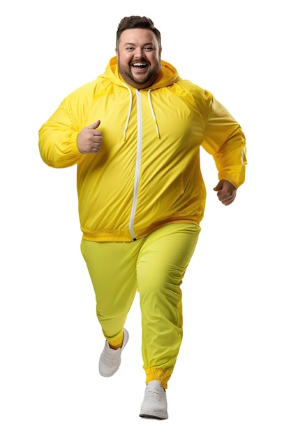 Homem gordo usa roupas esportivas coloridas em fundo branco ou transparente