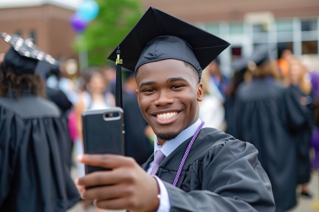 Homem graduado a fazer uma selfie.