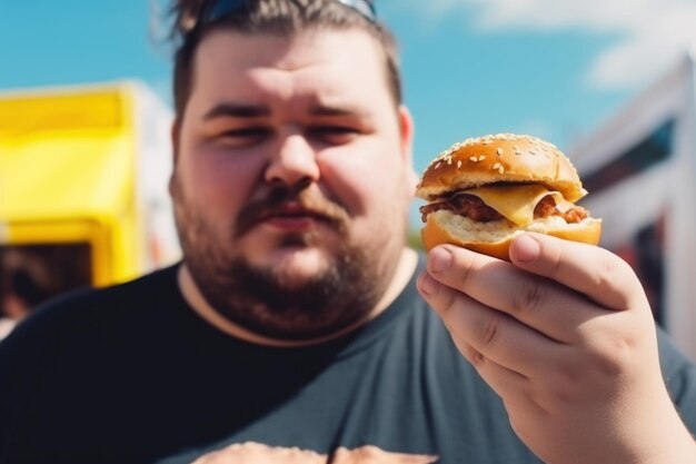 Homem grande segura hambúrguer pequeno na mão no contexto de um caminhão de comida