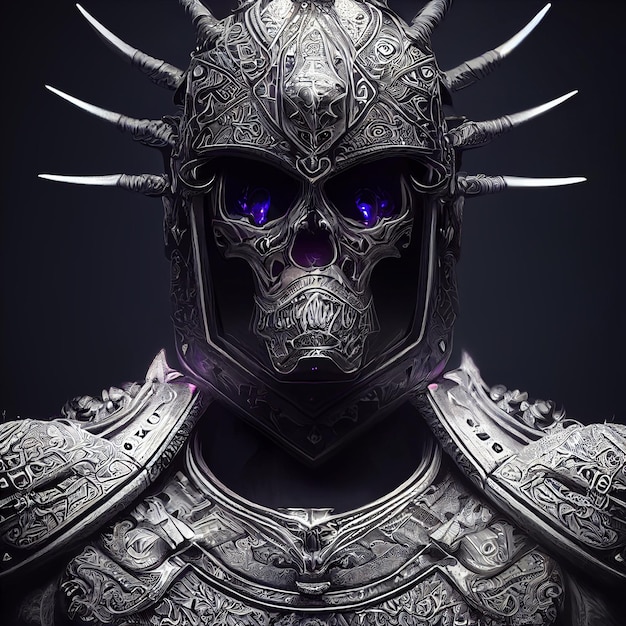 Homem guerreiro medieval assustador com renderização 3d de retrato de capacete de caveira