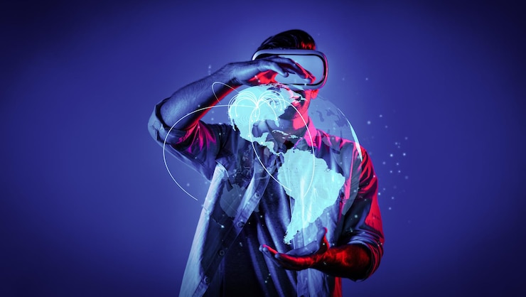 Foto homem habilidoso usando vr goggle para conectar desvio de conexão de rede global