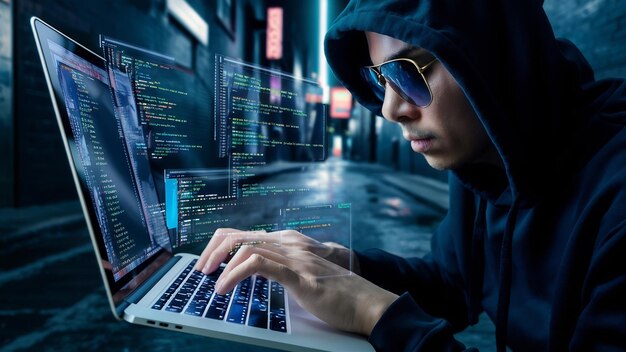 Homem-hacker no portátil