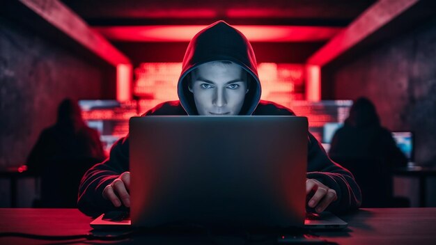 Foto homem-hacker no portátil