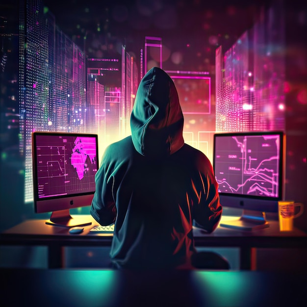 Homem hacker usa notebook computador roubando dados confidenciais informações pessoais Segurança e tecnologia de computador Ilustração de IA generativa