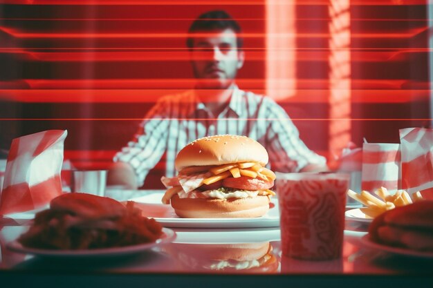 Foto homem hambúrguer gordura comida hambúrguer fome homem adulto lixo refeição insalubre rápido comer saboroso