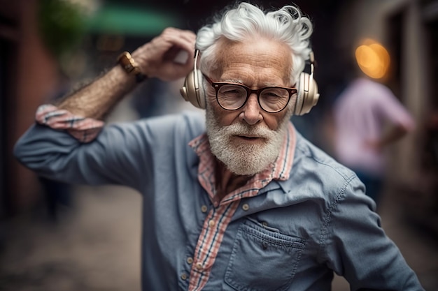 Homem hipster sênior ouvindo música na ilustração de IA generativa de rua