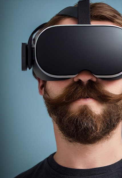 Homem hipster usando o conceito de fone de ouvido VR retrato barba grande bigode grande atividades de pessoas modernas