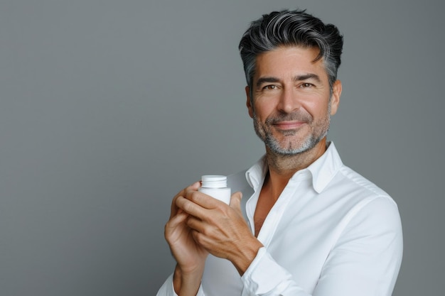 Foto homem hispânico bonito de meia idade em uma camisa branca segurando um pote de creme em um fundo cinza