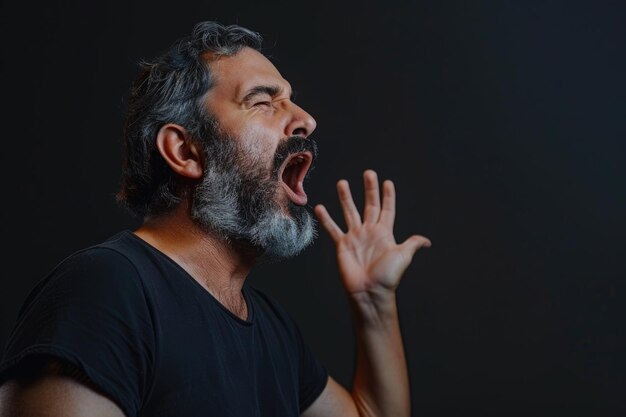 Foto homem hispânico gritando alto com a mão na boca conceito de comunicação