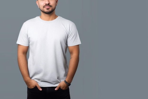Homem hispânico posando com uma camiseta branca casual