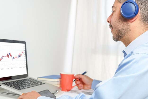 Homem hispânico revendo seus investimentos em casa em seu laptop bebendo café e ouvindo um podcats