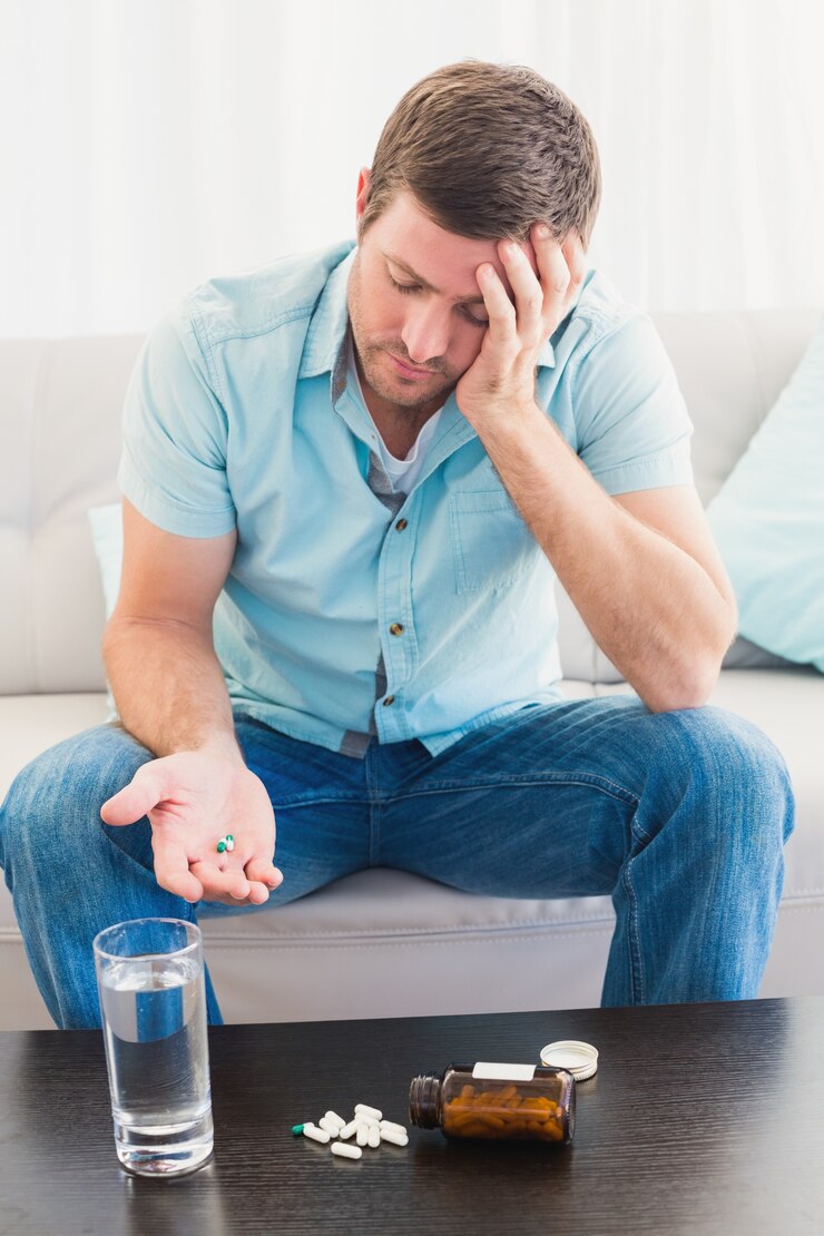 Foto homem hungover com seu remédio colocado na mesa de café