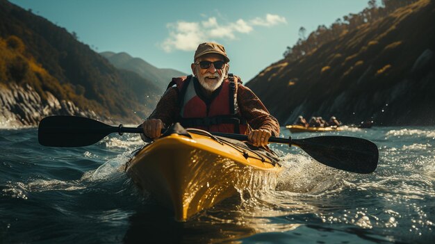 Homem idoso a andar de caiaque na água