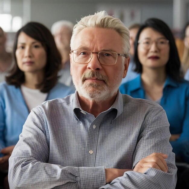 Foto homem idoso a assistir a uma aula.