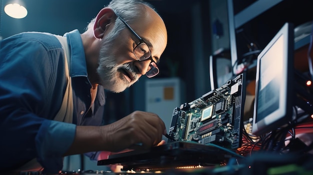 Foto homem idoso a consertar um computador.