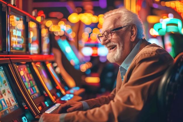 Foto homem idoso a ganhar nas slot do casino.