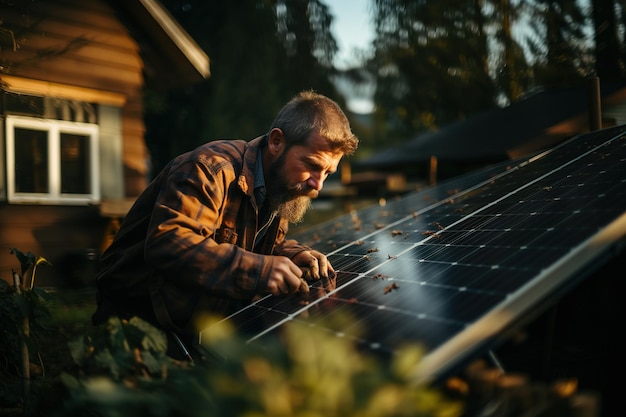 homem idoso a limpar uma casa de painéis solares com energia sustentável