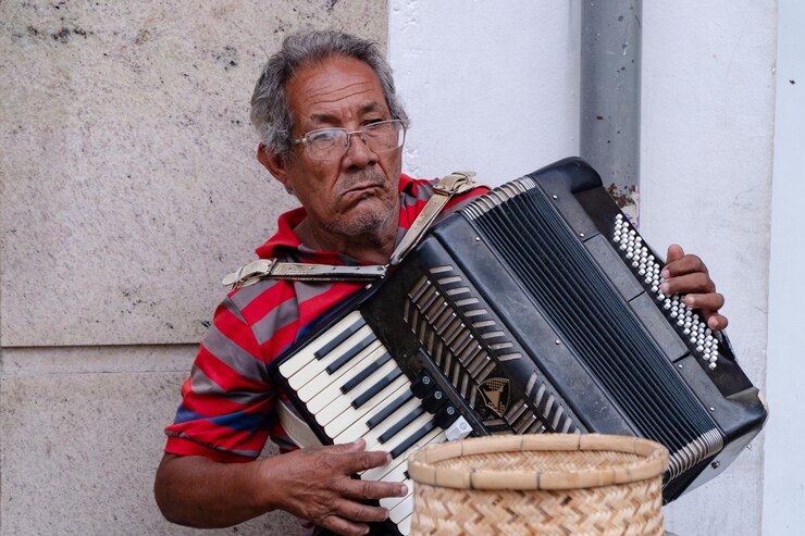 Foto homem idoso a tocar acordeão