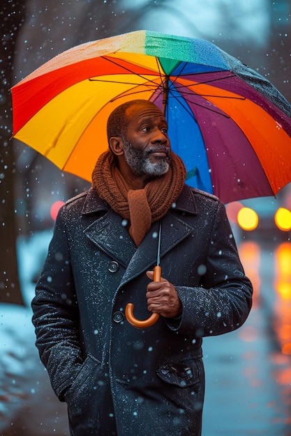 Homem idoso afro-americano caminhando na chuva com seu guarda-chuva