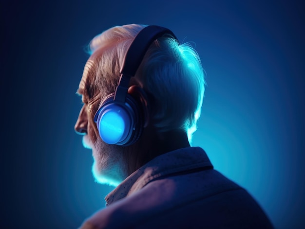 Homem idoso alegre com fones de ouvido vista de trás em um fundo azul Generative Ai