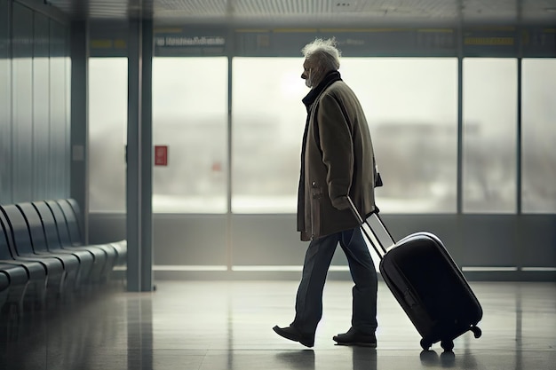 Homem idoso andando no aeroporto com mala grande para viajar