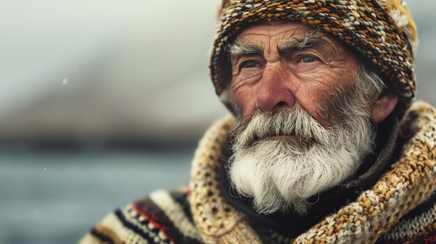 Foto homem idoso atencioso olhando para o mar ele está usando um chapéu quente e lenço para protegê-lo do tempo frio