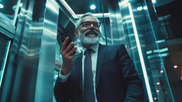 Foto homem idoso bonito e feliz em um elevador falando no telefone tomando uma chamada de negócios importante homem de negócios de meia-idade bonito em terno montando elevador para o escritório em um centro de negócios moderno