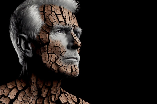 Homem idoso bonito formado de casca de árvore fraturada isolado em fundo preto sólido ai generativo