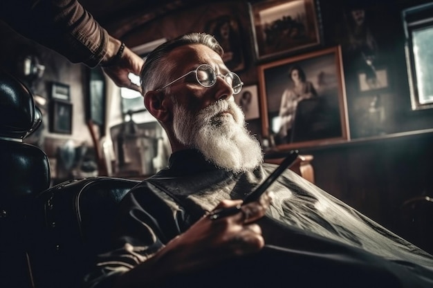 Homem idoso bonito hipster com bigode e barba na barbearia criado com tecnologia Generative AI