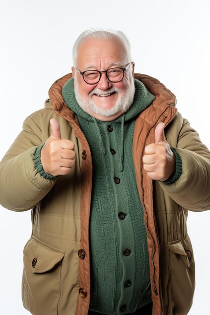 Homem idoso caucasiano feliz em roupas de inverno coloridas com o polegar para cima