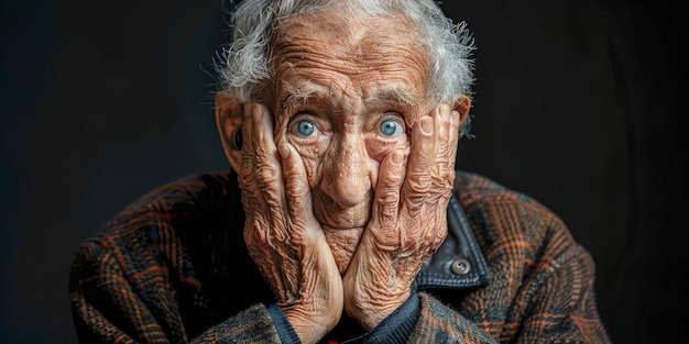 Homem idoso com as mãos no rosto mostrando emoções profundas