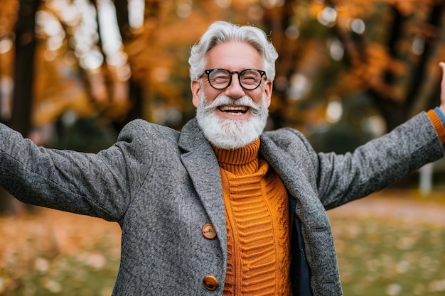 homem idoso com barba branca e óculos pretos sorri felizmente