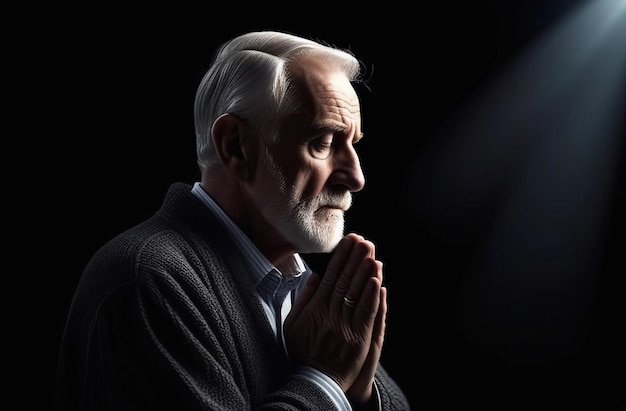 Homem idoso com barba branca orando na sala escura com as mãos cruzadas em oração