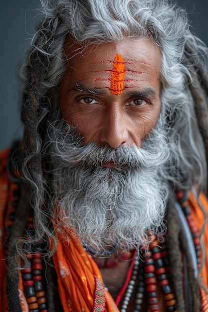 Homem idoso com cabelo cinzento e pintura facial tradicional