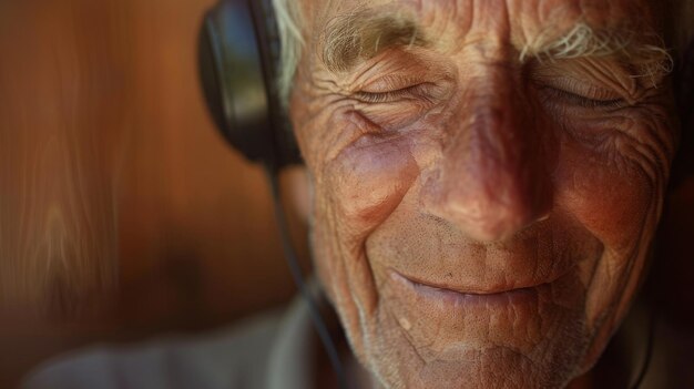 Homem idoso com olhos fechados e fones de ouvido enrugados com expressão feliz no rosto