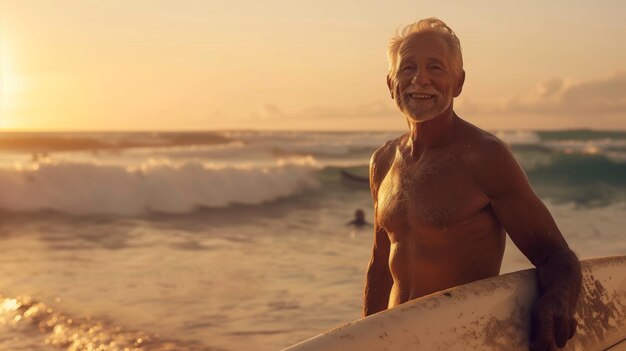 Homem idoso com prancha de surf desfruta do pôr-do-sol na praia