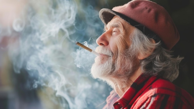 Foto homem idoso com uma boina fumando um charuto imerso em fumaça