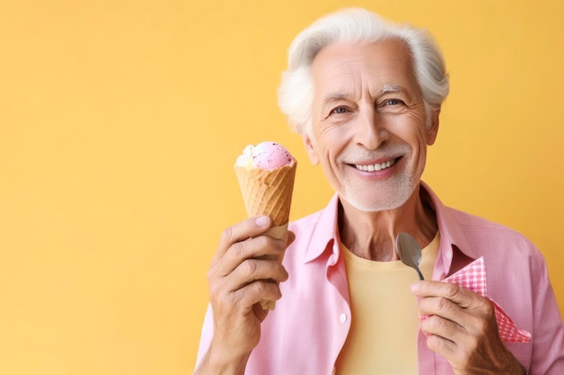 Homem idoso comendo sorvete em fundo amarelo ai generativo