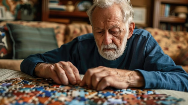 Homem idoso concentrado em montar quebra-cabeças dentro de casa