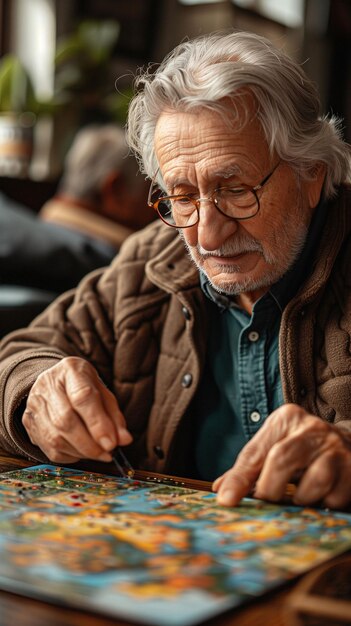 Foto homem idoso contemplando quebra-cabeça ia gerativa