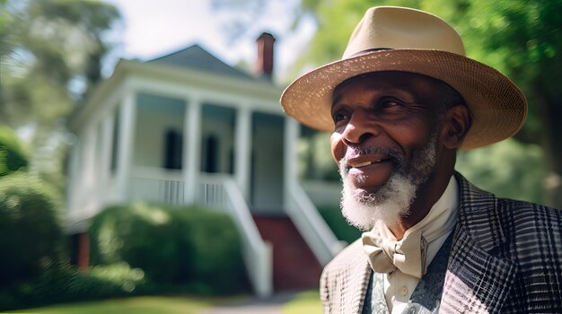 Foto homem idoso dando uma visita guiada a uma plantação histórica