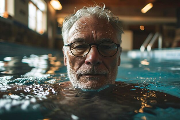 Homem idoso de pé em uma piscina coberta