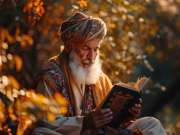 Homem idoso de roupa tradicional lendo um livro ao ar livre ao pôr-do-sol